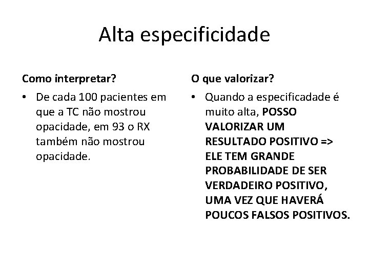 Alta especificidade Como interpretar? O que valorizar? • De cada 100 pacientes em que