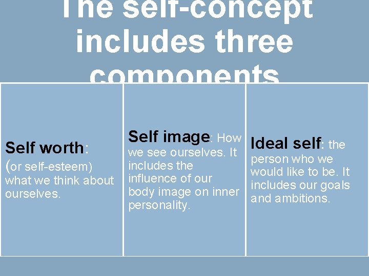 The self-concept includes three components Self worth: (or self-esteem) Self image: How Ideal self: