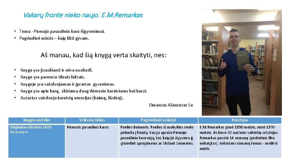 Vakarų fronte nieko naujo. E. M. Remarkas • Tema - Pirmojo pasaulinio karo išgyvenimai. Vakarų fronte nieko naujo. E. M. Remarkas • Tema - Pirmojo pasaulinio karo išgyvenimai.