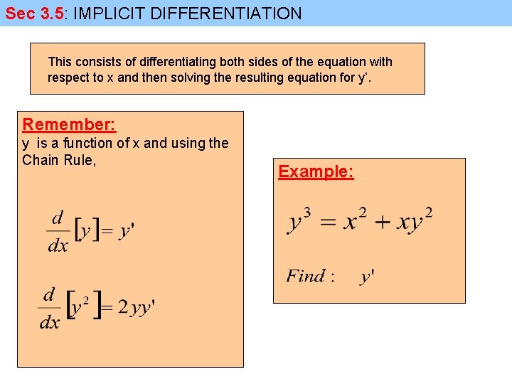 Sec 3. 5: IMPLICIT DIFFERENTIATION This consists of differentiating both sides of the equation