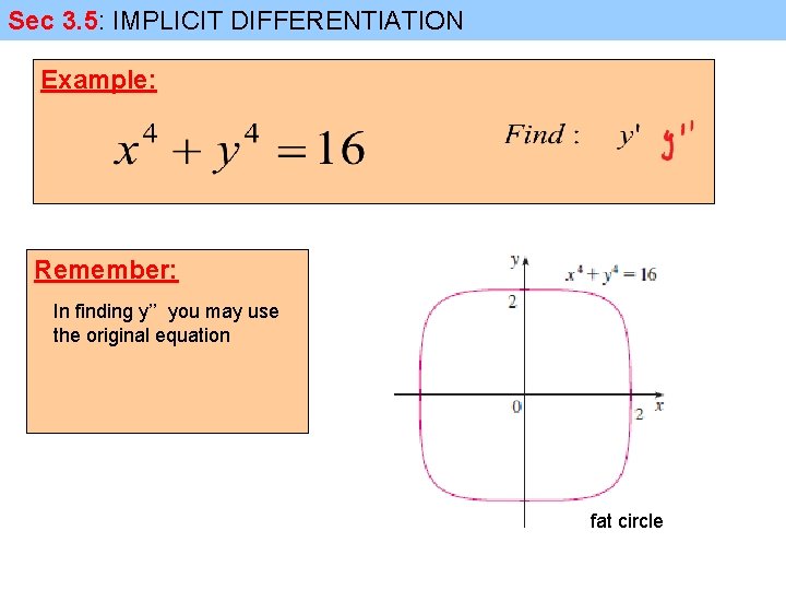 Sec 3. 5: IMPLICIT DIFFERENTIATION Example: Remember: In finding y’’ you may use the