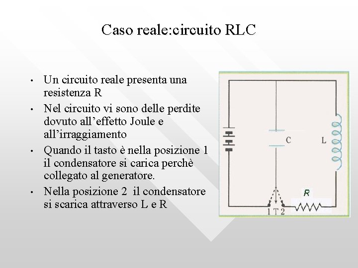 Caso reale: circuito RLC • • Un circuito reale presenta una resistenza R Nel