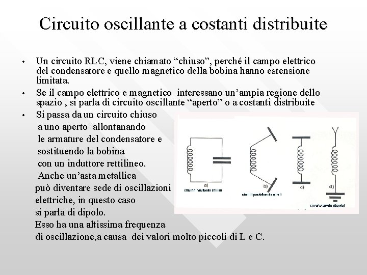 Circuito oscillante a costanti distribuite • • • Un circuito RLC, viene chiamato “chiuso”,