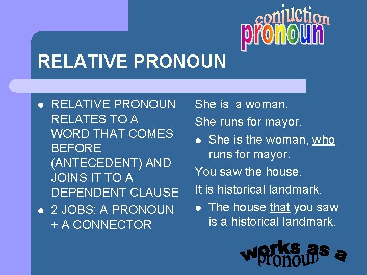 RELATIVE PRONOUN l l RELATIVE PRONOUN RELATES TO A WORD THAT COMES BEFORE (ANTECEDENT)