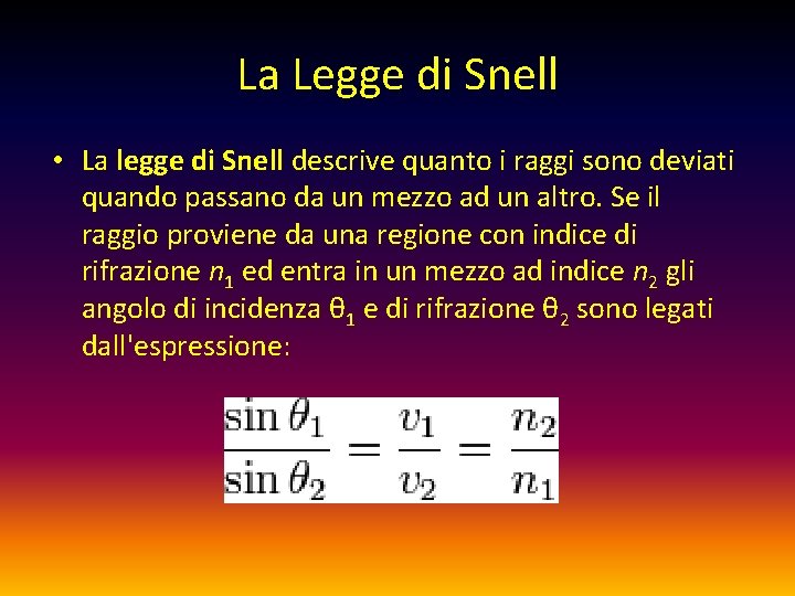 La Legge di Snell • La legge di Snell descrive quanto i raggi sono