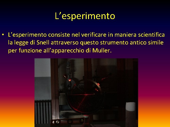 L’esperimento • L’esperimento consiste nel verificare in maniera scientifica la legge di Snell attraverso