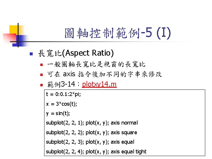 圖軸控制範例-5 (I) n 長寬比(Aspect Ratio) n n n 一般圖軸長寬比是視窗的長寬比 可在 axis 指令後加不同的字串來修改 範例3 -14：plotxy