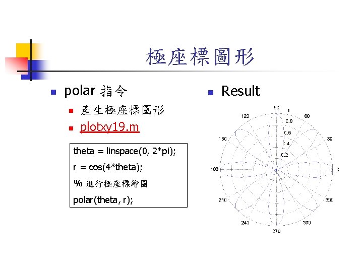 極座標圖形 n polar 指令 n n 產生極座標圖形 plotxy 19. m theta = linspace(0, 2*pi);