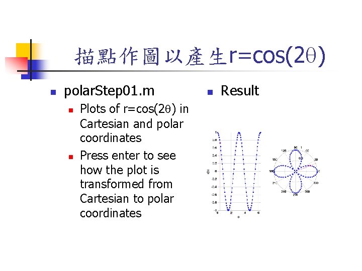 描點作圖以產生r=cos(2 q) n polar. Step 01. m n n Plots of r=cos(2 q) in