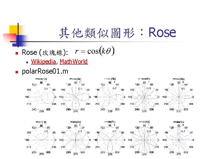 其他類似圖形：Rose n Rose (玫瑰線): n n Wikipedia, Math. World polar. Rose 01. m 