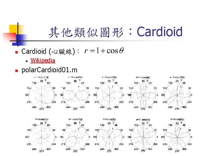 其他類似圖形：Cardioid n Cardioid (心臟線)： n n Wikipedia polar. Cardioid 01. m 