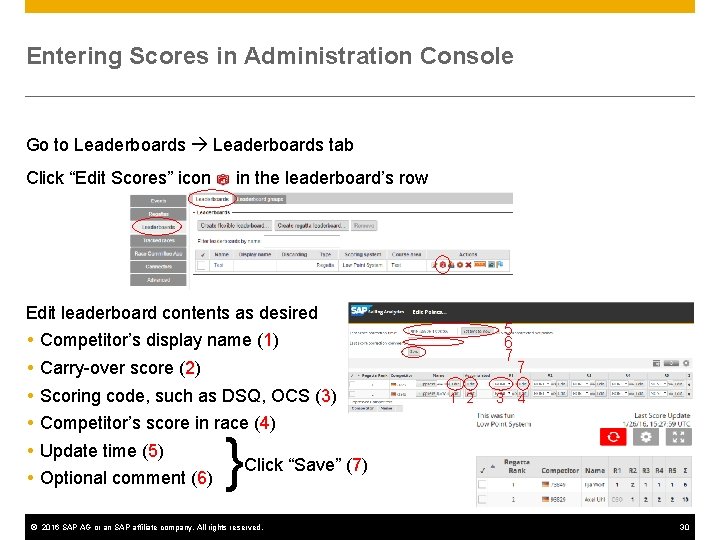 Entering Scores in Administration Console Go to Leaderboards tab Click “Edit Scores” icon in