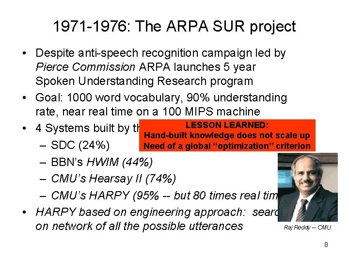 1971 -1976: The ARPA SUR project • Despite anti-speech recognition campaign led by Pierce