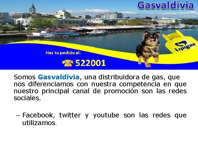 Somos Gasvaldivia, una distribuidora de gas, que nos diferenciamos con nuestra competencia en que