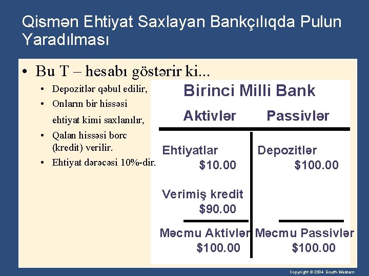 Qismən Ehtiyat Saxlayan Bankçılıqda Pulun Yaradılması • Bu T – hesabı göstərir ki. .