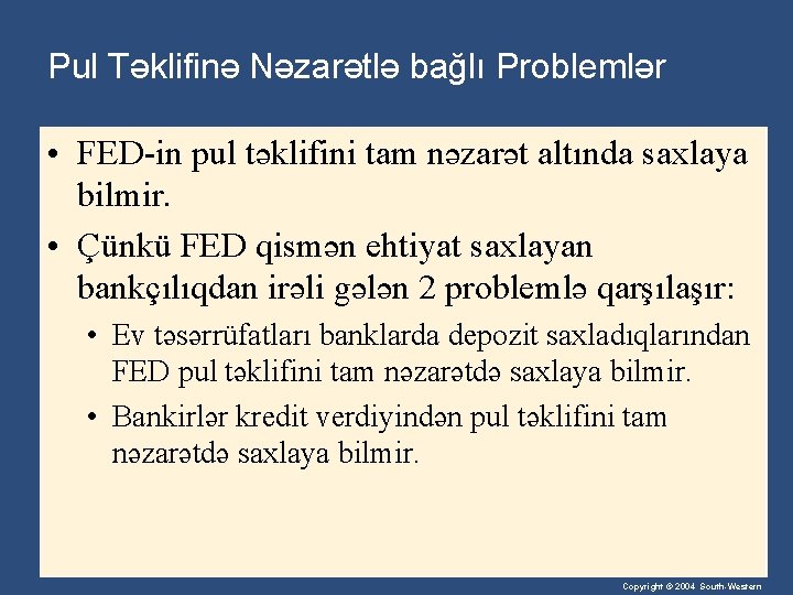 Pul Təklifinə Nəzarətlə bağlı Problemlər • FED-in pul təklifini tam nəzarət altında saxlaya bilmir.