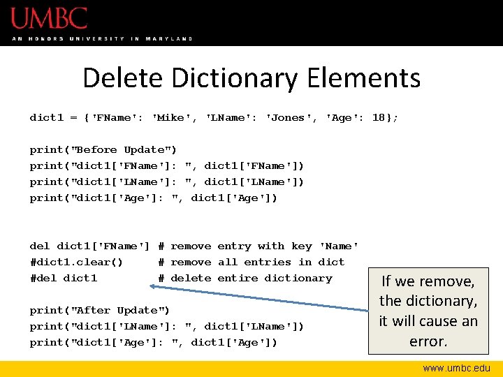 Delete Dictionary Elements dict 1 = {'FName': 'Mike', 'LName': 'Jones', 'Age': 18}; print("Before Update")