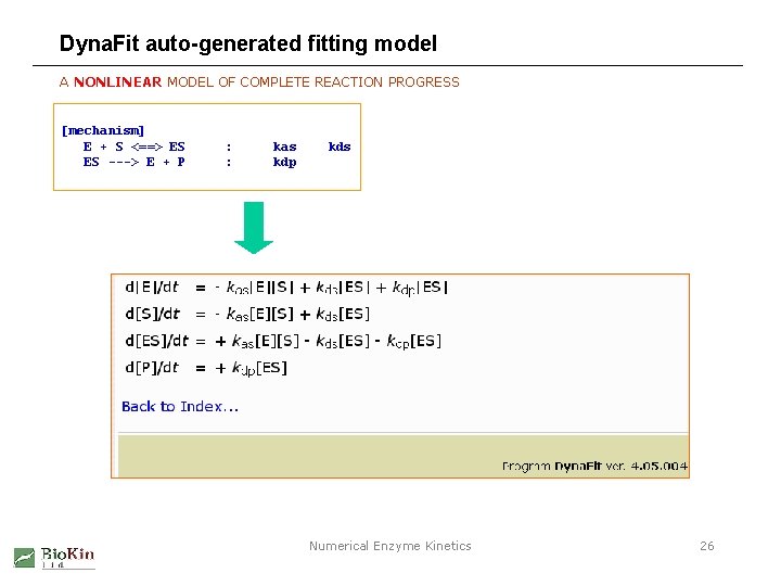 Dyna. Fit auto-generated fitting model A NONLINEAR MODEL OF COMPLETE REACTION PROGRESS [mechanism] E