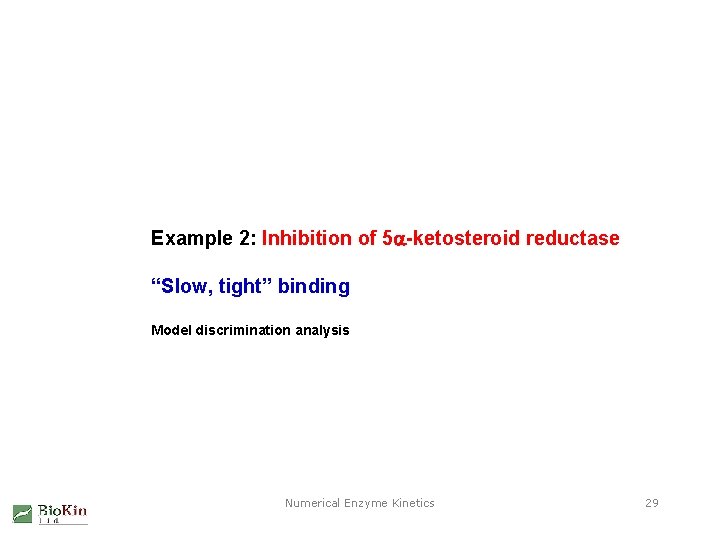Example 2: Inhibition of 5 a-ketosteroid reductase “Slow, tight” binding Model discrimination analysis Numerical