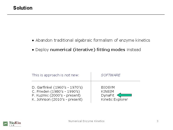 Solution • Abandon traditional algebraic formalism of enzyme kinetics • Deploy numerical (iterative) fitting