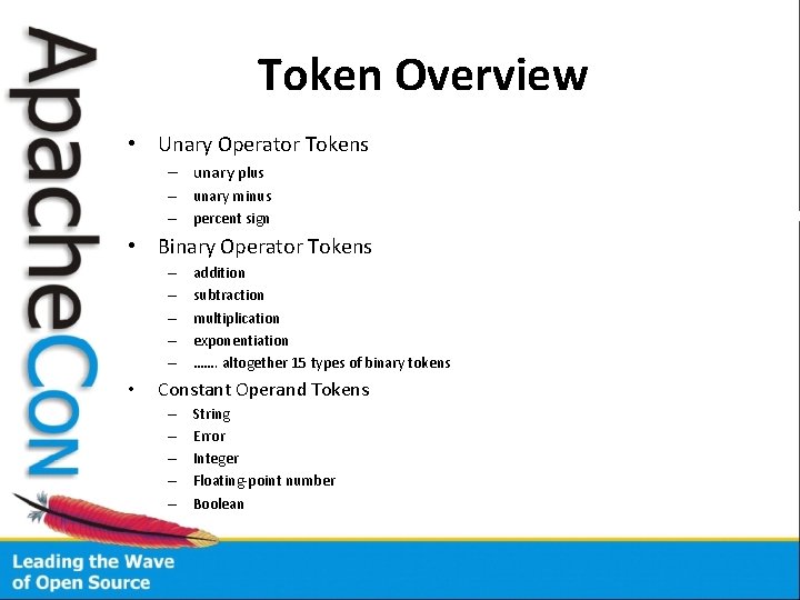 Token Overview • Unary Operator Tokens – unary plus – unary minus – percent