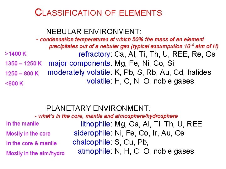 CLASSIFICATION OF ELEMENTS NEBULAR ENVIRONMENT: - condensation temperatures at which 50% the mass of