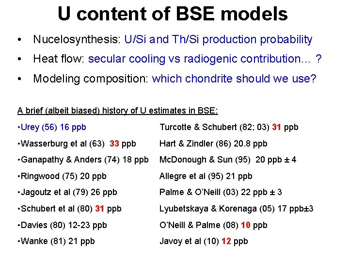 U content of BSE models • Nucelosynthesis: U/Si and Th/Si production probability • Heat