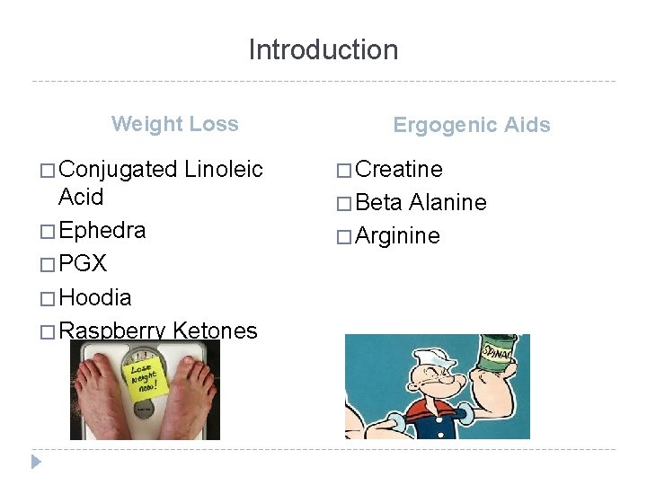 Introduction Weight Loss Ergogenic Aids � Conjugated Linoleic � Creatine Acid � Ephedra �