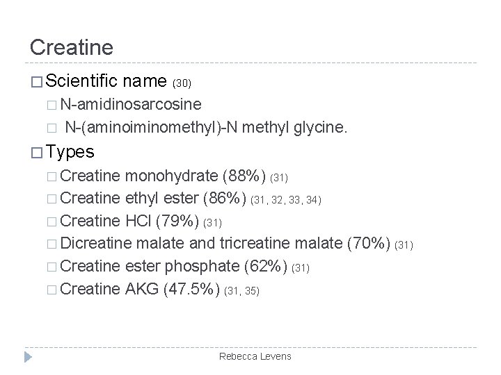 Creatine � Scientific name (30) � N-amidinosarcosine � N-(aminoiminomethyl)-N methyl glycine. � Types �