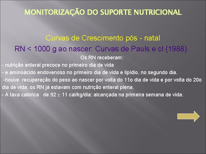 MONITORIZAÇÃO DO SUPORTE NUTRICIONAL Curvas de Crescimento pós - natal RN < 1000 g