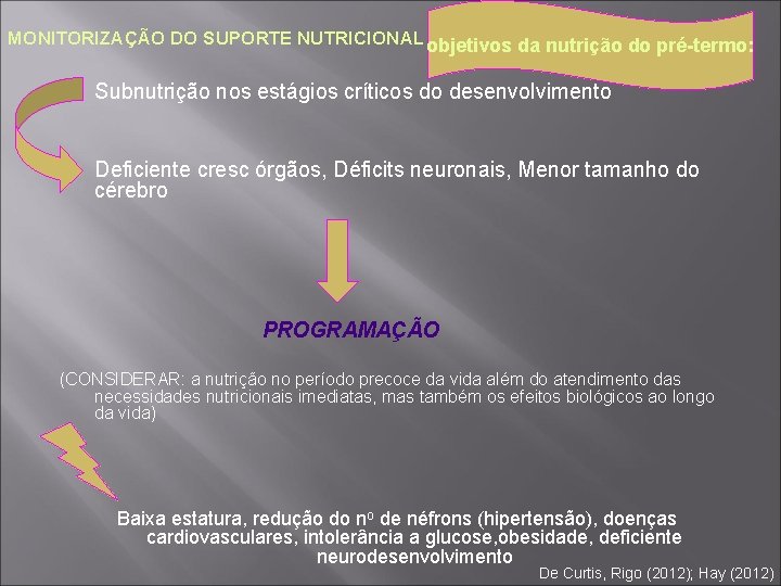 MONITORIZAÇÃO DO SUPORTE NUTRICIONAL objetivos da nutrição do pré-termo: � Subnutrição nos estágios críticos