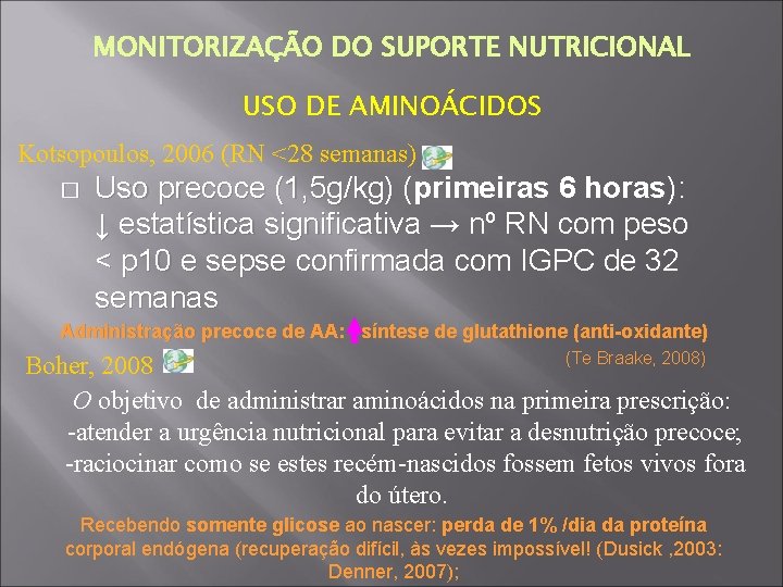 MONITORIZAÇÃO DO SUPORTE NUTRICIONAL USO DE AMINOÁCIDOS Kotsopoulos, 2006 (RN <28 semanas) � Uso