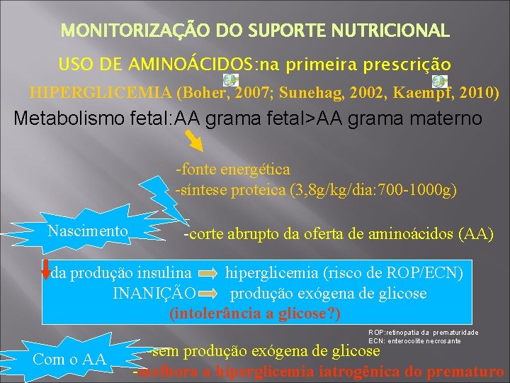 MONITORIZAÇÃO DO SUPORTE NUTRICIONAL USO DE AMINOÁCIDOS: na primeira prescrição HIPERGLICEMIA (Boher, 2007; Sunehag,