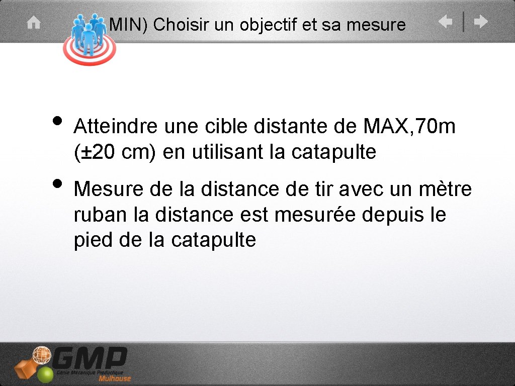 MIN) Choisir un objectif et sa mesure • Atteindre une cible distante de MAX,