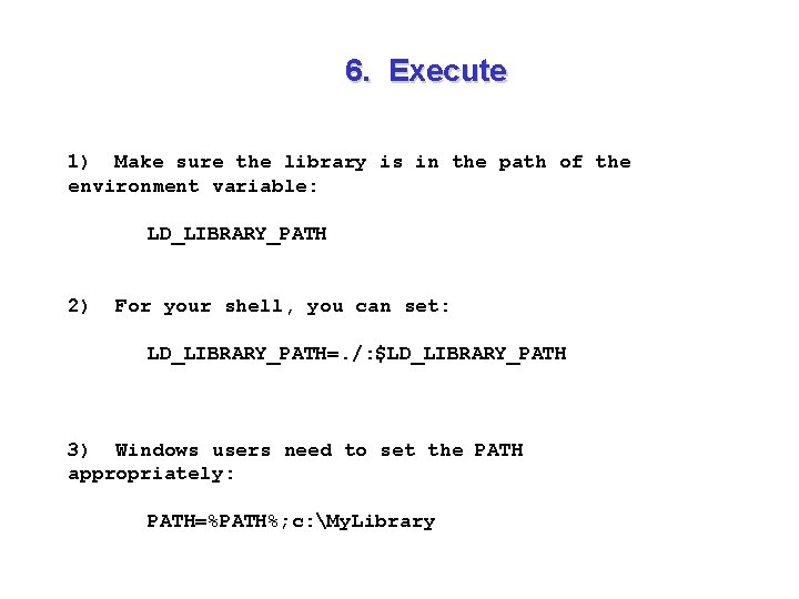 6. Execute 1) Make sure the library is in the path of the environment