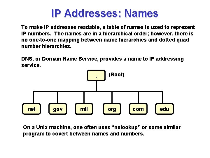 IP Addresses: Names To make IP addresses readable, a table of names is used