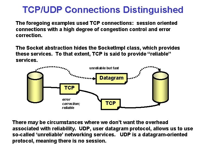 TCP/UDP Connections Distinguished The foregoing examples used TCP connections: session oriented connections with a