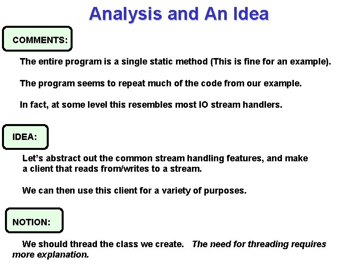 Analysis and An Idea COMMENTS: The entire program is a single static method (This