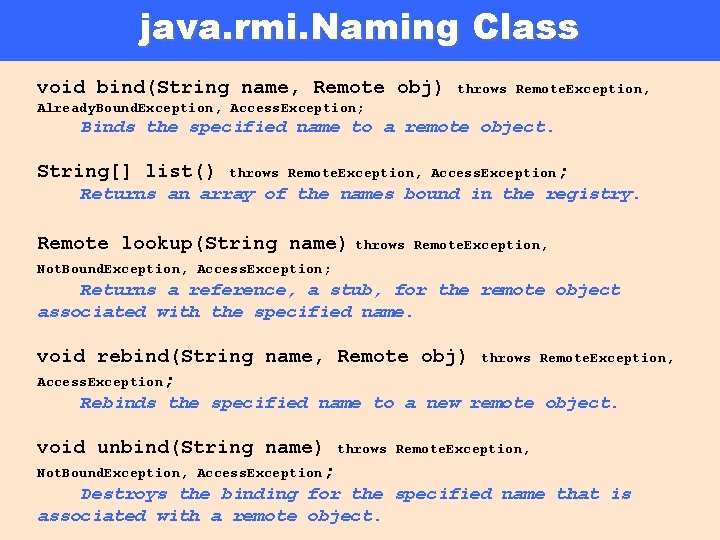 java. rmi. Naming Class void bind(String name, Remote obj) throws Remote. Exception, Already. Bound.