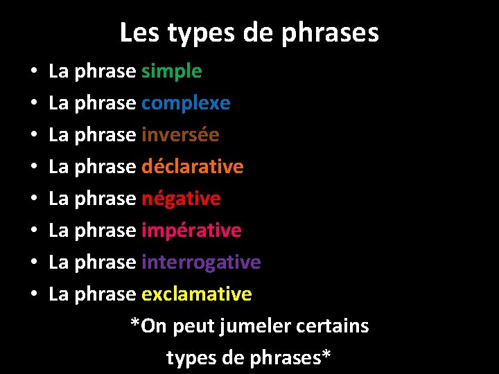 Les types de phrases • • La phrase simple La phrase complexe La phrase