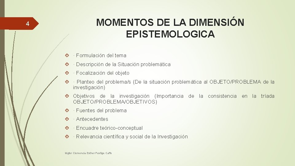 4 MOMENTOS DE LA DIMENSIÓN EPISTEMOLOGICA · Formulación del tema · Descripción de la