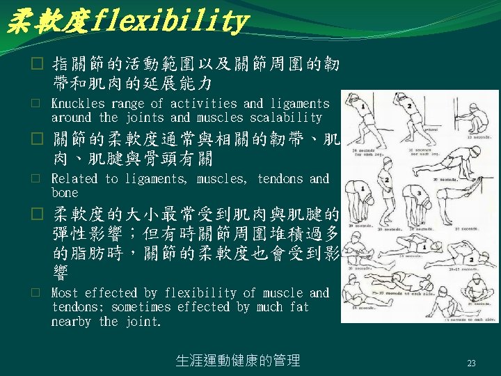 柔軟度flexibility � 指關節的活動範圍以及關節周圍的韌 帶和肌肉的延展能力 � Knuckles range of activities and ligaments around the joints