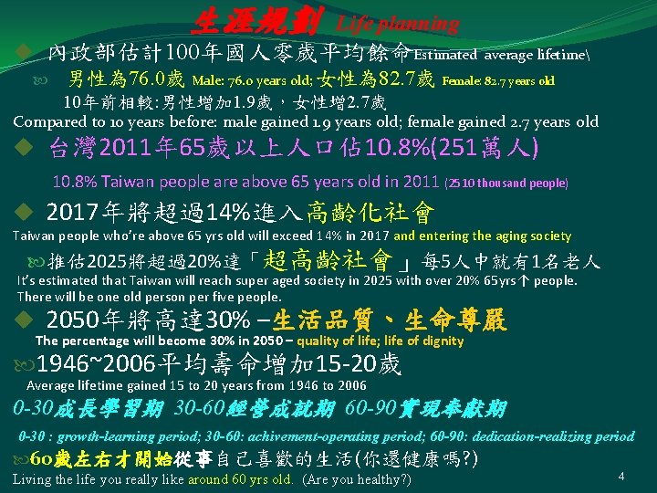 生涯規劃 Life planning u 內政部估計100年國人零歲平均餘命Estimated average lifetime 男性為 76. 0歲 Male: 76. 0 years