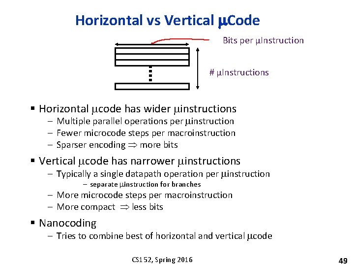 Horizontal vs Vertical m. Code Bits per µInstruction # µInstructions § Horizontal mcode has