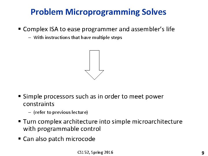 Problem Microprogramming Solves § Complex ISA to ease programmer and assembler’s life – With