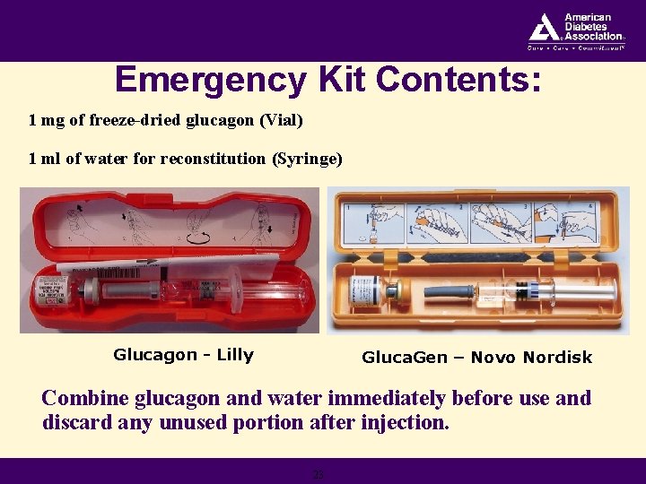 Emergency Kit Contents: 1 mg of freeze-dried glucagon (Vial) 1 ml of water for