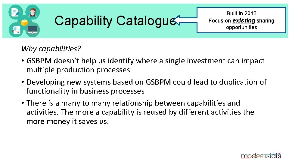 Capability Catalogue Built in 2015 Focus on existing sharing opportunities Why capabilities? • GSBPM