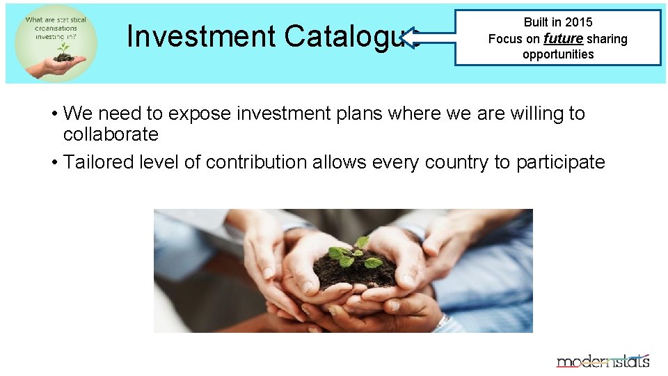 Investment Catalogue Built in 2015 Focus on future sharing opportunities • We need to