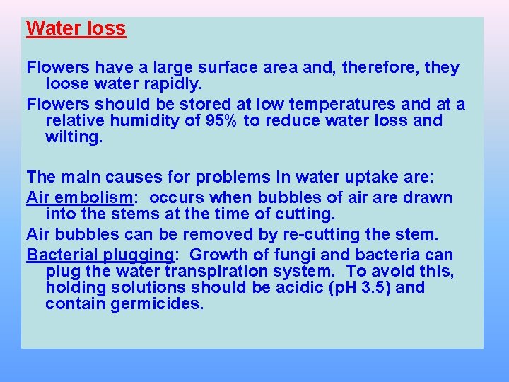 Water loss Flowers have a large surface area and, therefore, they loose water rapidly.