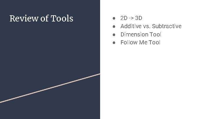 Review of Tools ● ● 2 D -> 3 D Additive vs. Subtractive Dimension